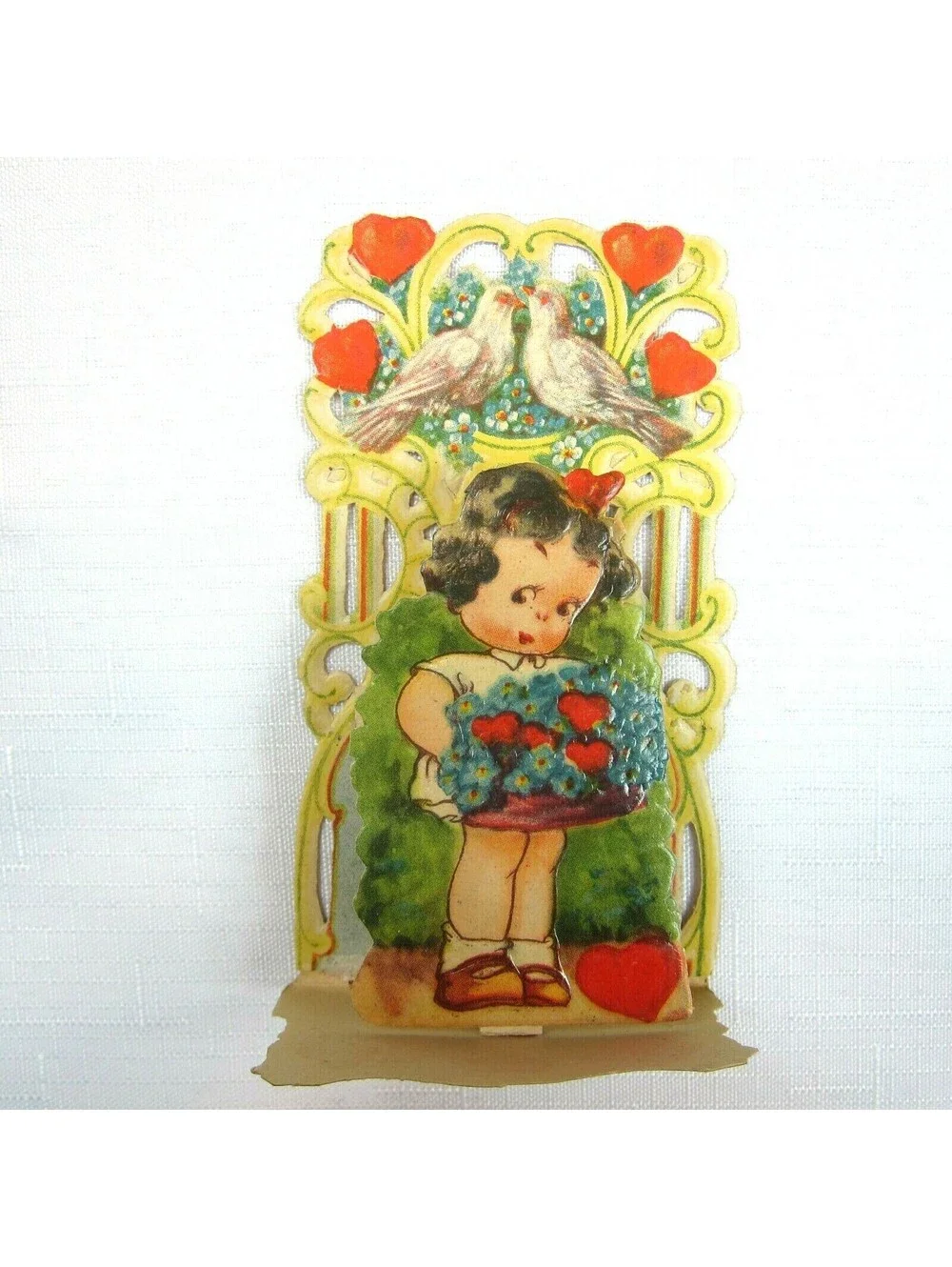 Vintage Valentine Pull Down Die Cut Girl Flower Basket Stand Up Germany 1920-30s
